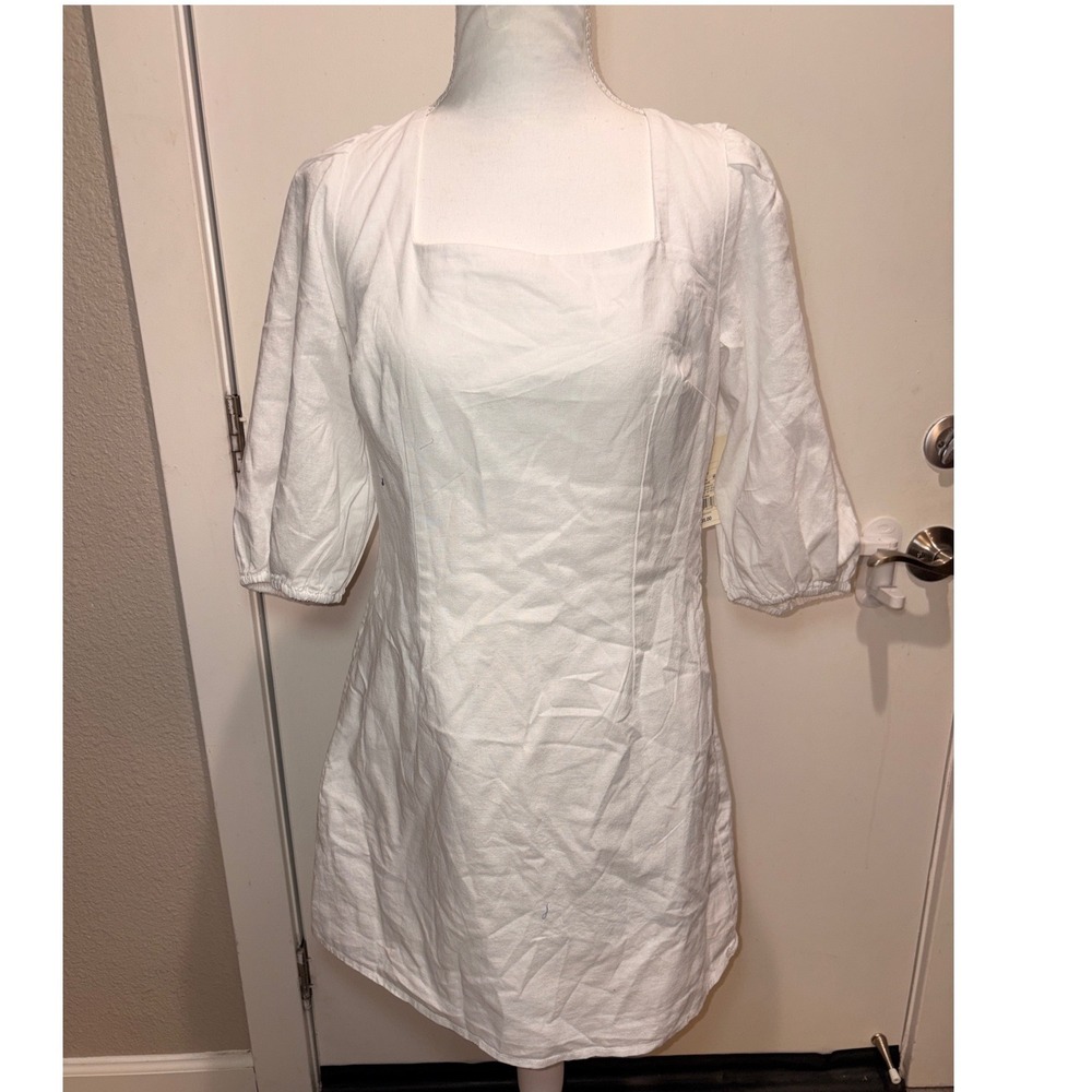 New Target White Cotton Linen Puff Sleeve Square Neck Mini Dress Small